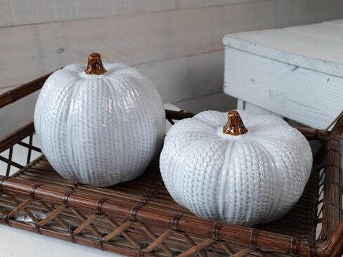 One Holiday Way Elegant Set of 2 Decorative Ceramic Knit White Faux Pumpkin Figurines - Rustic Fall Tabletop Decorations - Autumn Country Farmhouse Harvest Home Decor in Saudi Arabia
