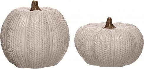 One Holiday Way Elegant Set of 2 Decorative Ceramic Knit White Faux Pumpkin Figurines - Rustic Fall Tabletop Decorations - Autumn Country Farmhouse Harvest Home Decor in Saudi Arabia
