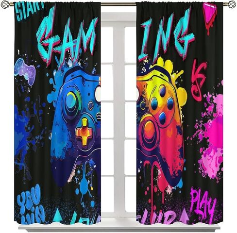 ستائر الألعاب للأولاد والبنات والمراهقين، لوحة ألعاب جرافيتي ملونة للتحكم في الألعاب، معالجة نافذة رائعة لغرفة النوم وغرفة المعيشة وغرفة اللعب، مجموعتان من اللوحات، 42 × 45 بوصة in Kuwait