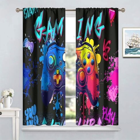 ستائر الألعاب للأولاد والبنات والمراهقين، لوحة ألعاب جرافيتي ملونة للتحكم في الألعاب، معالجة نافذة رائعة لغرفة النوم وغرفة المعيشة وغرفة اللعب، مجموعتان من اللوحات، 42 × 45 بوصة in Kuwait