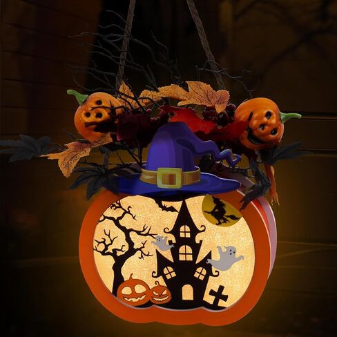 Thanksgiving Pumpkin Lantern 10" Fall Pumpkin Decor GIVE Thanks Pumpkin Wreath Sign with LED Light, Maple Leaves, Berries, for Halloween Harvest Home Wall Front Door Window Thanksgiving Day Decor in Saudi Arabia