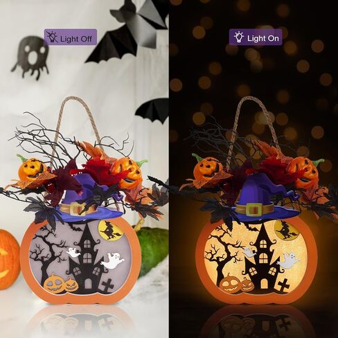 Thanksgiving Pumpkin Lantern 10" Fall Pumpkin Decor GIVE Thanks Pumpkin Wreath Sign with LED Light, Maple Leaves, Berries, for Halloween Harvest Home Wall Front Door Window Thanksgiving Day Decor in Saudi Arabia