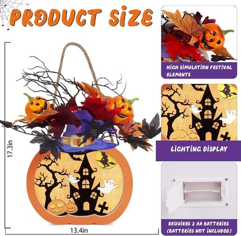 Thanksgiving Pumpkin Lantern 10" Fall Pumpkin Decor GIVE Thanks Pumpkin Wreath Sign with LED Light, Maple Leaves, Berries, for Halloween Harvest Home Wall Front Door Window Thanksgiving Day Decor in Saudi Arabia