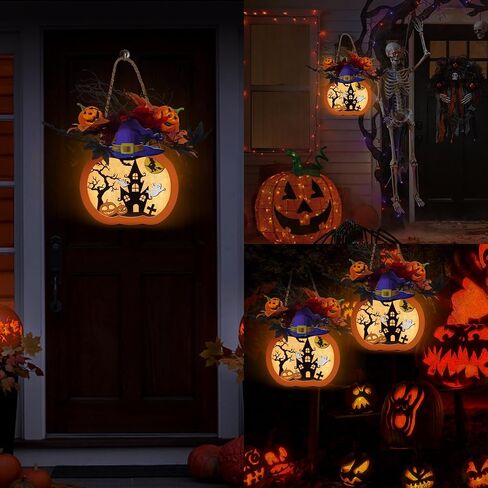 Thanksgiving Pumpkin Lantern 10" Fall Pumpkin Decor GIVE Thanks Pumpkin Wreath Sign with LED Light, Maple Leaves, Berries, for Halloween Harvest Home Wall Front Door Window Thanksgiving Day Decor in Saudi Arabia