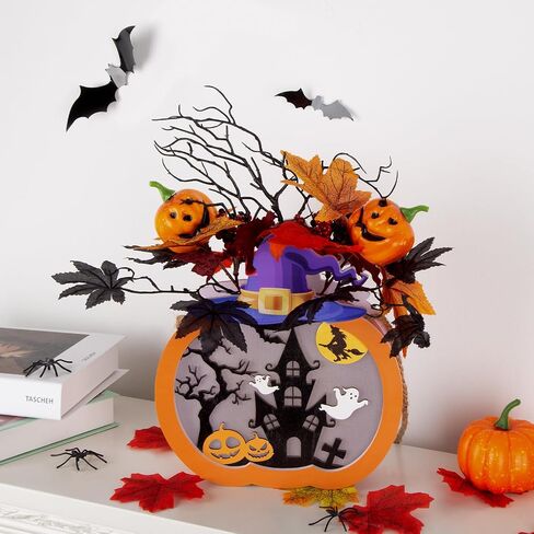 Thanksgiving Pumpkin Lantern 10" Fall Pumpkin Decor GIVE Thanks Pumpkin Wreath Sign with LED Light, Maple Leaves, Berries, for Halloween Harvest Home Wall Front Door Window Thanksgiving Day Decor in Saudi Arabia