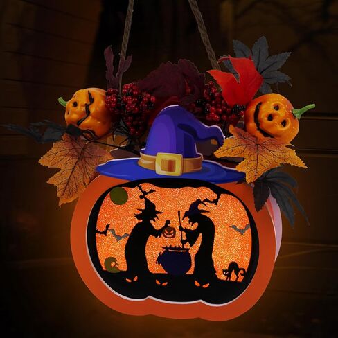 عيد الشكر اليقطين فانوس 10 "ديكور اليقطين الخريف إعطاء شكرا إكليل اليقطين علامة مع ضوء LED، أوراق القيقب، التوت، لعيد الهالوين حصاد المنزل الجدار نافذة الباب الأمامي ديكور عيد الشكر in Kuwait