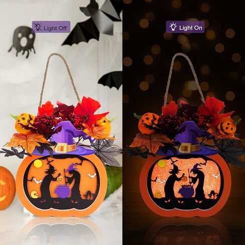 عيد الشكر اليقطين فانوس 10 "ديكور اليقطين الخريف إعطاء شكرا إكليل اليقطين علامة مع ضوء LED، أوراق القيقب، التوت، لعيد الهالوين حصاد المنزل الجدار نافذة الباب الأمامي ديكور عيد الشكر in Kuwait