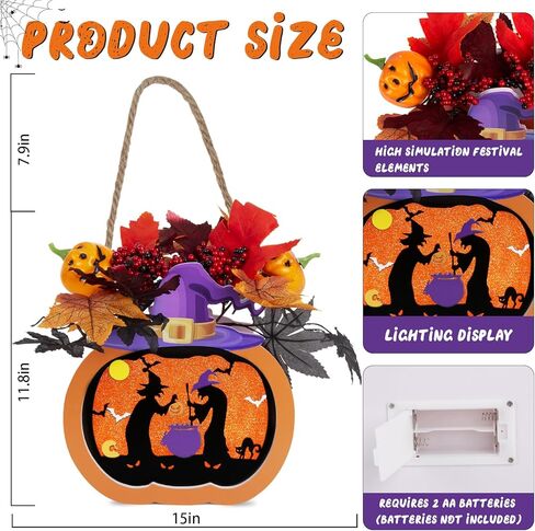 عيد الشكر اليقطين فانوس 10 "ديكور اليقطين الخريف إعطاء شكرا إكليل اليقطين علامة مع ضوء LED، أوراق القيقب، التوت، لعيد الهالوين حصاد المنزل الجدار نافذة الباب الأمامي ديكور عيد الشكر in Kuwait