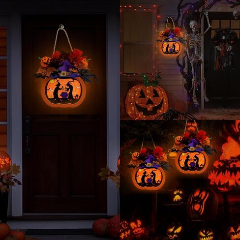 عيد الشكر اليقطين فانوس 10 "ديكور اليقطين الخريف إعطاء شكرا إكليل اليقطين علامة مع ضوء LED، أوراق القيقب، التوت، لعيد الهالوين حصاد المنزل الجدار نافذة الباب الأمامي ديكور عيد الشكر in Kuwait