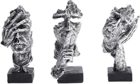 3 Pcs Thinker Statue and Sculptures, Silence is Gold Abstract Art Figurine, No Hear No See No Speak Modern Home Resin Sculptures Decorative items suitable for Bookshelf Tabletops Decor (Silver) in Saudi Arabia