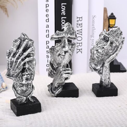 3 Pcs Thinker Statue and Sculptures, Silence is Gold Abstract Art Figurine, No Hear No See No Speak Modern Home Resin Sculptures Decorative items suitable for Bookshelf Tabletops Decor (Silver) in Saudi Arabia