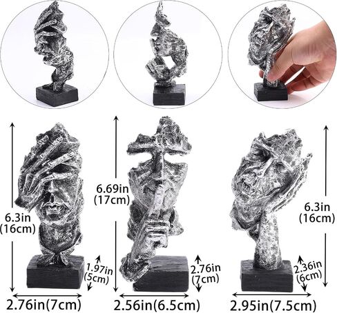 3 Pcs Thinker Statue and Sculptures, Silence is Gold Abstract Art Figurine, No Hear No See No Speak Modern Home Resin Sculptures Decorative items suitable for Bookshelf Tabletops Decor (Silver) in Saudi Arabia