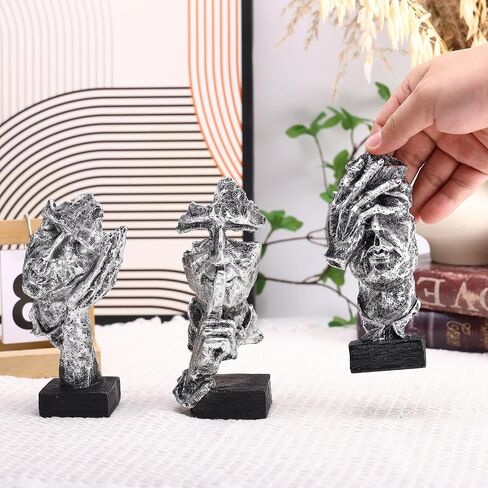 3 Pcs Thinker Statue and Sculptures, Silence is Gold Abstract Art Figurine, No Hear No See No Speak Modern Home Resin Sculptures Decorative items suitable for Bookshelf Tabletops Decor (Silver) in Saudi Arabia