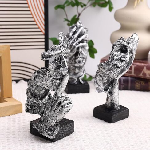 3 Pcs Thinker Statue and Sculptures, Silence is Gold Abstract Art Figurine, No Hear No See No Speak Modern Home Resin Sculptures Decorative items suitable for Bookshelf Tabletops Decor (Silver) in Saudi Arabia