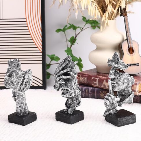 3 Pcs Thinker Statue and Sculptures, Silence is Gold Abstract Art Figurine, No Hear No See No Speak Modern Home Resin Sculptures Decorative items suitable for Bookshelf Tabletops Decor (Silver) in Saudi Arabia