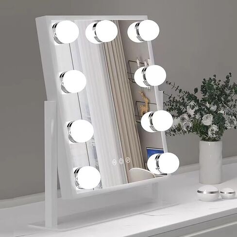 مرآة الغرور مع أضواء 9 لمبات LED مرآة مكياج مضاءة مرآة هوليوود مرآة مكياج على الطاولة مع 3 أضواء ملونة قابلة لتعديل الضوء بزاوية 360 درجة في مرآة المكتب مرآة الغرور الشخصية in Kuwait