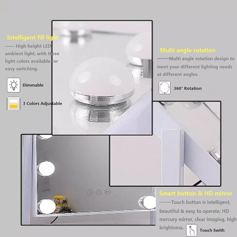 مرآة الغرور مع أضواء 9 لمبات LED مرآة مكياج مضاءة مرآة هوليوود مرآة مكياج على الطاولة مع 3 أضواء ملونة قابلة لتعديل الضوء بزاوية 360 درجة في مرآة المكتب مرآة الغرور الشخصية in Kuwait