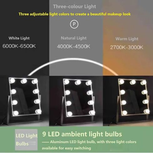 مرآة الغرور مع أضواء 9 لمبات LED مرآة مكياج مضاءة مرآة هوليوود مرآة مكياج على الطاولة مع 3 أضواء ملونة قابلة لتعديل الضوء بزاوية 360 درجة في مرآة المكتب مرآة الغرور الشخصية in Kuwait