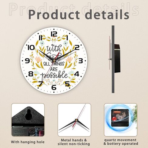 Wall Clock, with God All Things are Possible Wall Clocks Vintage Wooden Battery Operated Non Ticking 10 inch Clock Silent Art Bedroom Kitchen Clock Home Decor for Girls Kids in Saudi Arabia