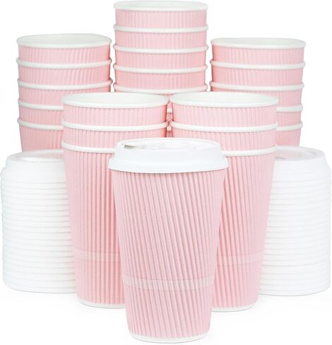 Disposable Coffee Cups With Lids - 16 oz To Go Coffee Cup (70 Pack). Large Travel Cups Hold Shape With Hot and Cold Drinks, No Leaks! Insulated Ripple Cups Protect Hands, No Sleeves needed! in Saudi Arabia