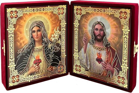 القلب المقدس ليسوع ومريم الكاثوليكية أيقونة Diptych في حالة مخملية اللون العنابي 5 بوصة، أيقونات رقائق الذهب هدية دينية للمرأة والرجل in Saudi Arabia