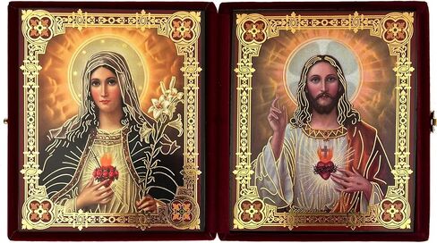القلب المقدس ليسوع ومريم الكاثوليكية أيقونة Diptych في حالة مخملية اللون العنابي 5 بوصة، أيقونات رقائق الذهب هدية دينية للمرأة والرجل in Saudi Arabia