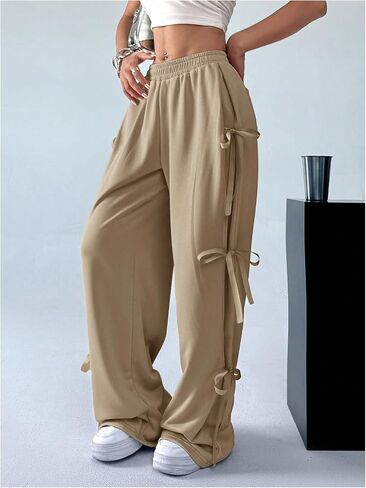 SHENHE Women's Wide Leg Baggy Sweatpants Elastic Waist Tie Bow Pants Loose Long Pants in Saudi Arabia