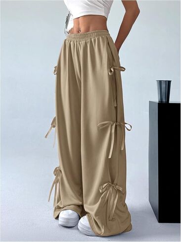 SHENHE Women's Wide Leg Baggy Sweatpants Elastic Waist Tie Bow Pants Loose Long Pants in Saudi Arabia
