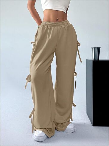 SHENHE Women's Wide Leg Baggy Sweatpants Elastic Waist Tie Bow Pants Loose Long Pants in Saudi Arabia