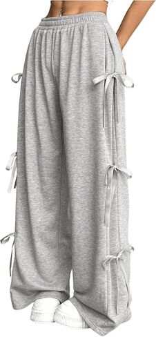 SHENHE Women's Wide Leg Baggy Sweatpants Elastic Waist Tie Bow Pants Loose Long Pants in Saudi Arabia