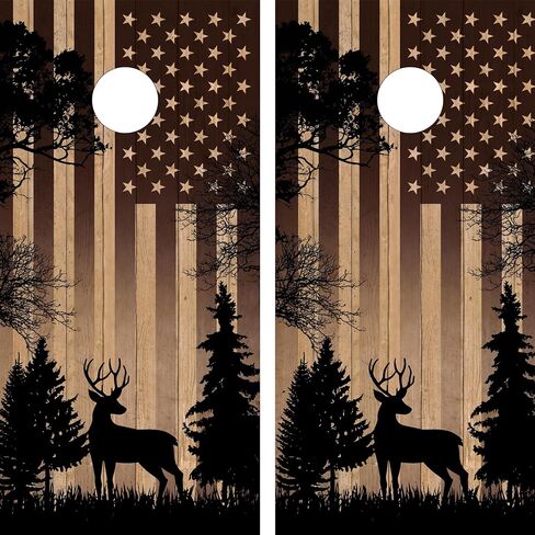 Waterproof & Non-Fading: Pair of Cornhole Board Wraps- Decals ONLY- SCENIC DEER & USA FLAG - Laminated - Easy to Apply in Saudi Arabia