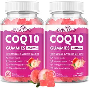 عبوتان من علكات CoQ10 250 مجم، بالإضافة إلى أوميغا 3 وفيتامين ب3 والزنك والمغنيسيوم - مكملات الإنزيم المساعد Q10 عالية الامتصاص لصحة القلب والطاقة الخلوية ودعم مضادات الأكسدة، 120 قطعة