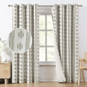 Melodieux Blackout Boho Curtains for Bedroom 84 Inch Length 2 Panels Set Sage Green on Beige Striped Pattern Cotton Curtains Grommet Room Darkening Curtains for Living Room Thermal Insulated