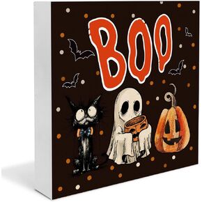 Halloween Decorations Indoor Decor Sign Vintage Halloween Wood Sign Moon Black Cat Decorations Farmhouse Home Table Desk Decor (5 x 5 Inches)