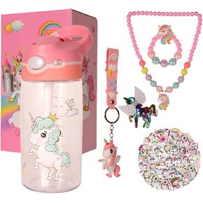 VTIVE Unicorn Water Bottle for Girls, 55PCS Unicorn Birthday Gifts for Girls Age 3 4 5 6 7 8, Kids Water Bottle 16 OZ BPA-Free with Straw & Safety Lock, Unicorn Themed Gifts for Christmas