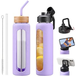 Glass Water Bottles with Straw -24oz- Water Bottle Phone Holder for Gym Sports Water Bottles with Silicone Sleeve Glass Drinking Bottles 2 Lids - Spout & Bamboo Straw Lid(Amber) in Saudi Arabia