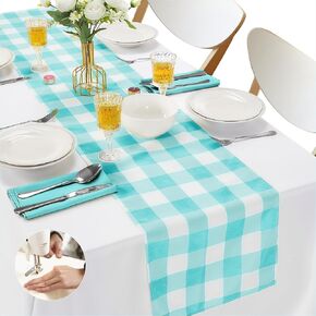 Fabric Checkered Table Runner 6 Pack Waterproof Gingham Table Runner 14W x 108L Buffalo Check Table Runners for Parties Kitchen Dining Wedding Banquet (Red and White)