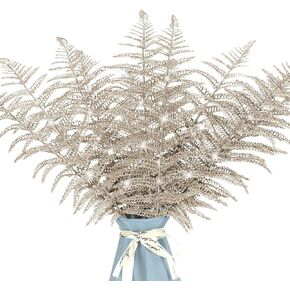 12Pcs Christmas Glitter Leaves 43cm Artificial Boston Fern Bush Tropical Leaves Fake Leaf Picks Sprays for Xmas Tree Decoration Flower Arrangment New Year Holiday Home Decor (Light Green)