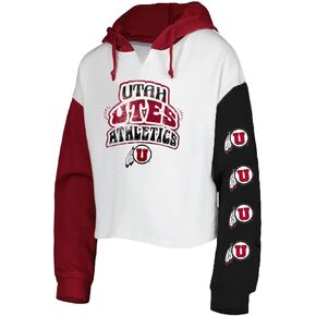 Outerstuff Utah Utes Youth Girls Size 7-16 Color Run Cropped Fleece Hooded Long Sleeve Shirt (White/Red/Black, Girls X-Large-16)