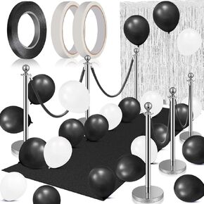 76 Pcs Carpet Runner for Party Set 1 Floor Runner 2 Double Sided Tape 6 Stanchion Post 4 Velvet Carpet Ropes 2 Foil Fringe Backdrop Curtains 60 Balloon 1 Ribbon for Party Supplies (Blue)