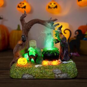 QEQEKAKA Halloween Decorations H 6.7" Halloween Village Witch & Cauldron Decor Built-in Mini Mist Maker with Sound Control for Indoor Halloween Decoration, Birthday Gift, Vintage Decor