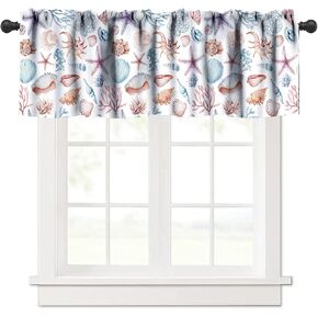 Coastal Nautical Curtain Valance, Blue and White Beach Sea Starfish Seashell Ocean Coral Theme Print Window Valance, for Bedroom Living Room Cafe Kitchen Bathroom 1 Panels W54xL18in