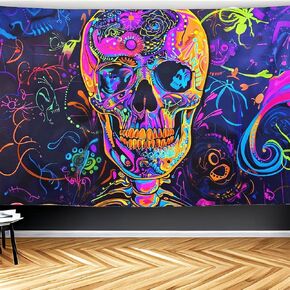 CJSLIFEART Blacklight Psychedelic Skull Tapestry Percussion Hell Symphony lightning Glow Dark Aesthetic Wall Hanging Decoration（40x60inch）