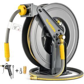 Double Arm Retractable Air Hose Reel, 3/8 in × 65 ft Hybrid Hose Heavy Duty Steel Professional Air Compressor Hose Reel with 5 ft Lead in Max 300PSI Auto Rewind Quick Coupler Swivel Fitting