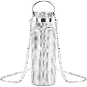 Bling Diamond Thermal Bottle,Glitter Water Bottles, Stainless Steel Thermal Bottle Refillable Water Bottle with Chain for Women (500ml, pink)
