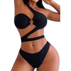 MakeMeChic Women's 2 Piece Bathing Suits Cut Out Ring Linked One Shoulder Bikini Sets Swimsuits