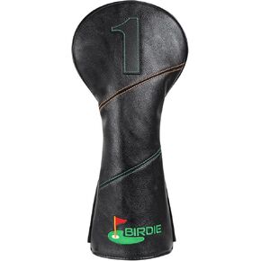 Golf Green Birdie Black Head Covers for Driver & Fairway Woods Hybrids Premium Leather Headcovers