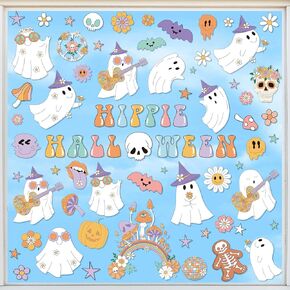 9 Sheets Halloween Cartoon Window Cling Stickers Retro Groovy Hippie Window Decals Smile Ghost Flower Reusable Window Decor for Party Home Office