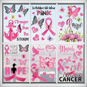 9 Sheets Breast Cancer Awareness Window Clings for Glass Windows, Pink Ribbon Window Stickers Decal Breast Cancer Window Decorations Static Cling Supplies for Window Decor Party Decoration Accessories