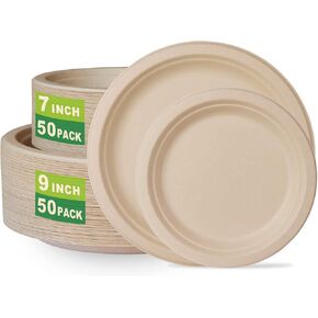 GreenWorks 7 inch and 9 inch Heavy-duty Compostable Plates (each 50 Count), 100 Count Unbleached Disposable Paper Plates